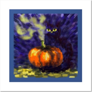 halloween cat pumpkin Posters and Art